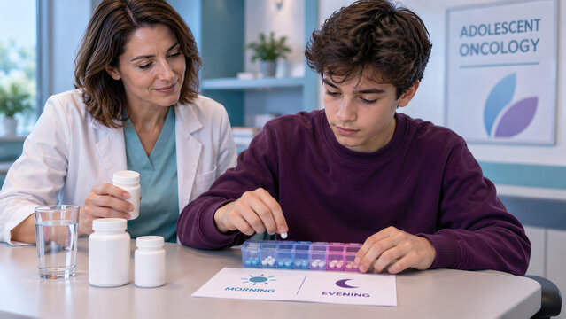 Teen Organizing Medication With Oncology Care Professional