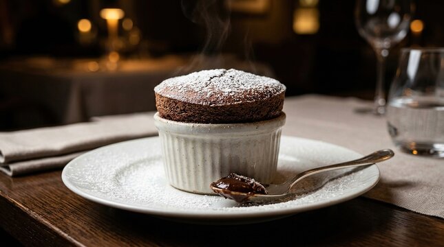 Steaming chocolate souffl&eacute; dusted with powdered sugar on a plate