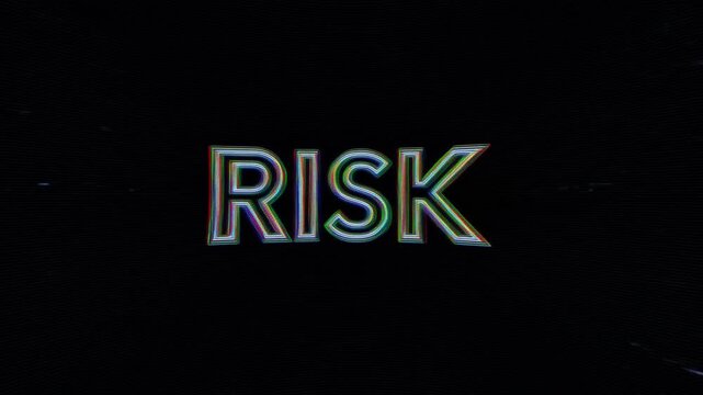 Zooming title text risk expanding and filling dark glitchy background with chromatic aberration and scanline noise