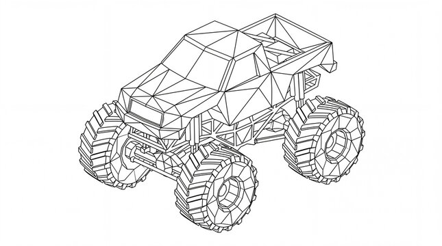 Monster truck vector illustration in low poly wireframe line art