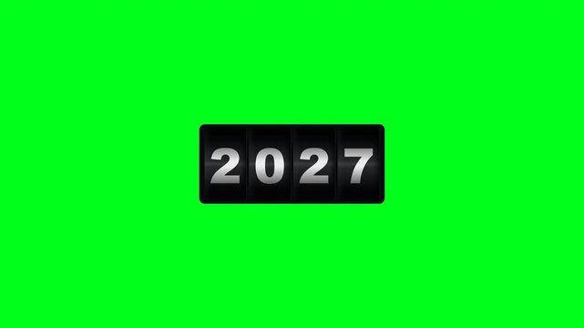 Countdown 2027 mechanical counter digits on green screen chroma key background