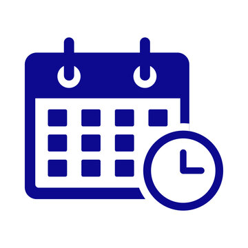 Flat blue calendar icon with a clock symbol isolated on white background transparent background