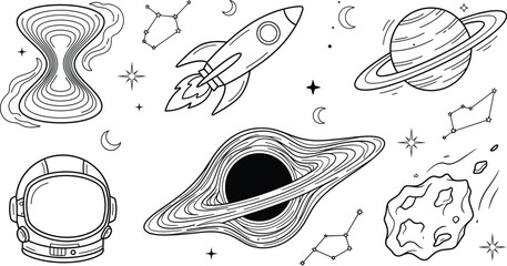 Outer space exploration rocket ship and astronaut helmet vector line art © MDBABULU