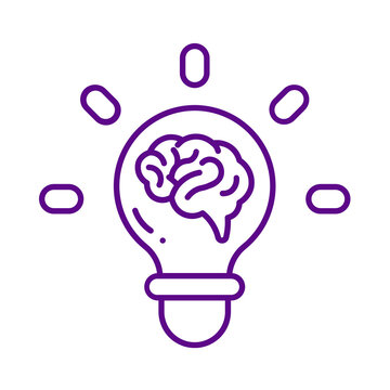 Purple line art icon representing a creative idea with a brain inside a glowing light bulb shape transparent background