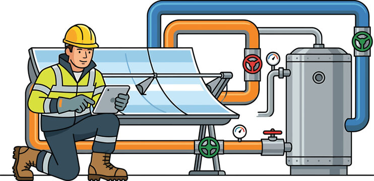 a solar technician inspecting a parabolic trough collector system using a digital tablet device