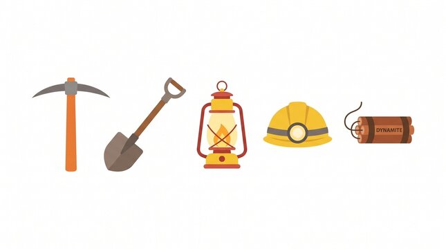 Cartoon mining tools set pickaxe shovel lantern and hard hat