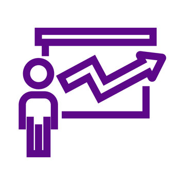 Purple outline icon of a person presenting a growing financial chart transparent background
