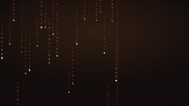 4K copper digital rain with glowing code streams falling on the right, warm dark hacker abstract motion background