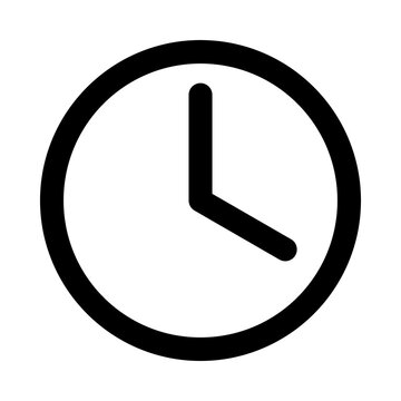 Simple black outline icon of a round clock face showing time transparent background