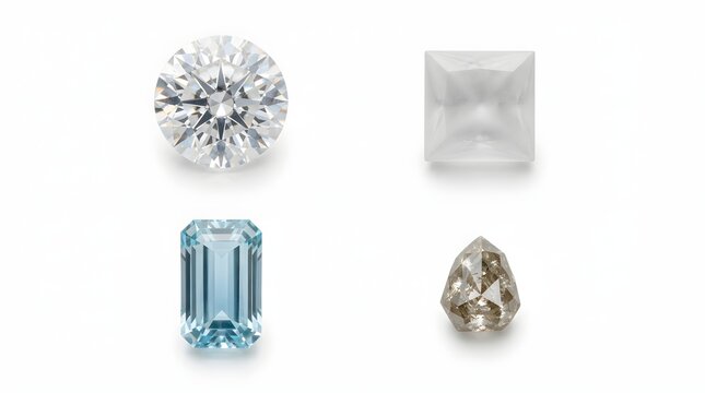 Selection of brilliant cut diamonds in various shapes and colors, including round, princess, emerald, and rough stone