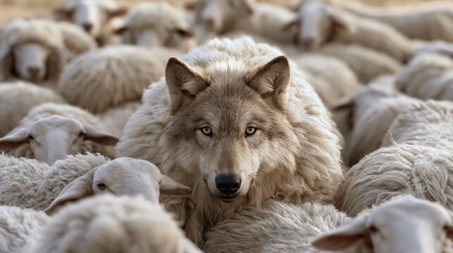 Wolf disguised in sheep's fleece standing unnoticed among a flock, symbolizing deception, false prophets, and hidden danger.