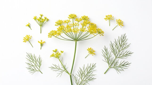 Fresh dill umbels and leaves isolated on white background