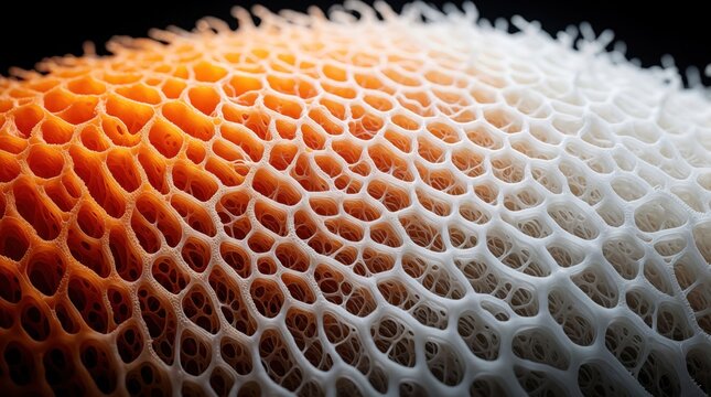 Abstract macro illustration of orange, white organic patterns. Intricate textured surface shows interconnected cell structure with mesh design. Fluid wavy lines create network of fibers resembling