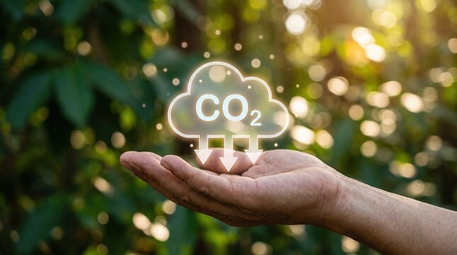 Hand holding a glowing CO2 cloud icon for environmental sustainability