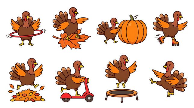 Cute thanksgiving turkey cartoon character set playing with pumpkin leaf and riding scooter digital illustration isolated on transparent background