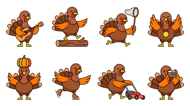 Funny thanksgiving turkey cartoon set pushing lawnmower ice skating and taking photos clipart design elements isolated on transparent background