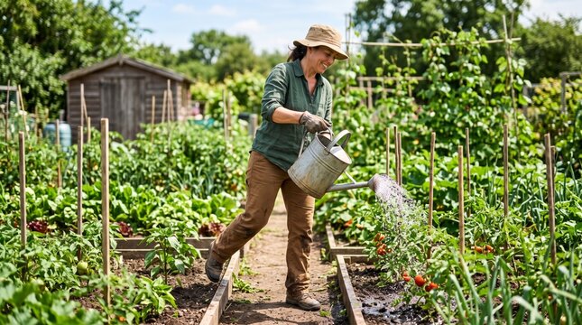 Cheerful gardener in a green shirt and gloves waters ripening tomatoes with a metal watering can in a lush allotment garden with raised beds, bean poles and a wooden shed on a sunny summer day