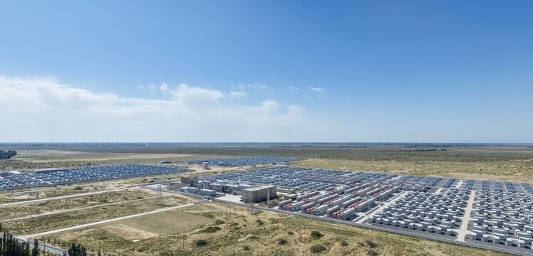 Aerial View of the World's Largest Operational Battery Energy Storage Station on Arid Sandy Land in Inner Mongolia, China