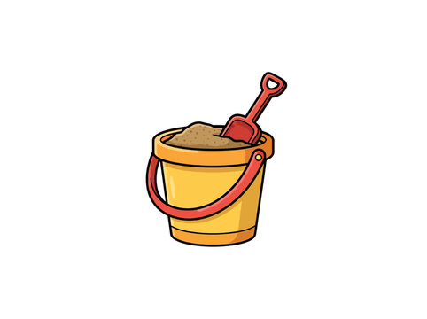 Yellow Beach Sand Bucket Filled With Sand Beside A Red Hand Shovel, Playful Seaside Toy For Children And Summer Vacation Activities, Bold Outlined Vector Illustration