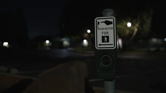Pedestrian crossing push button stands beside a dark urban road at night with blurred streetlights and a deserted street in the background