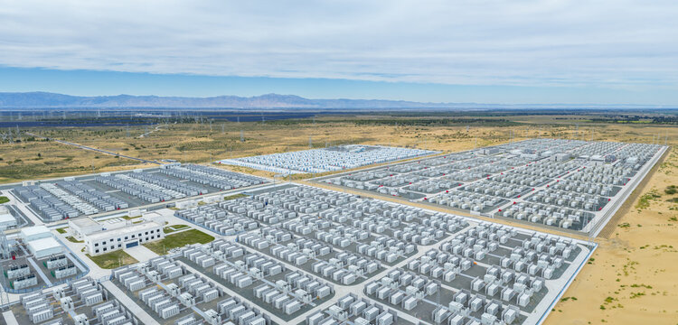 Aerial View of the World's Largest Independent Electrochemical Energy Storage Station at the Edge of Kubuqi Desert, Ordos, Inner Mongolia, China
