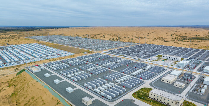 Aerial View of the World's Largest Independent Electrochemical Energy Storage Power Station in Ordos Desert