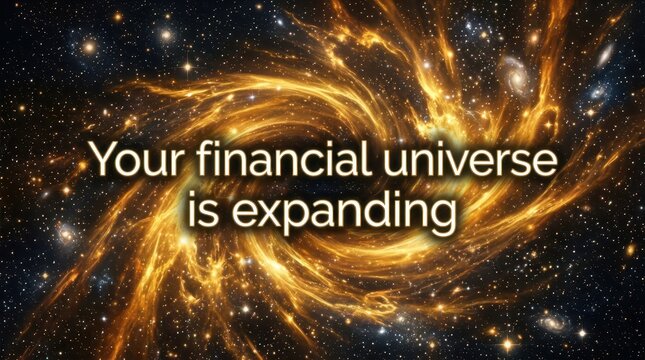 Abstract cosmic explosion with text 'Your financial universe is expanding'