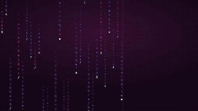 4K magenta code streams with glowing characters falling full screen, dark digital rain backdrop