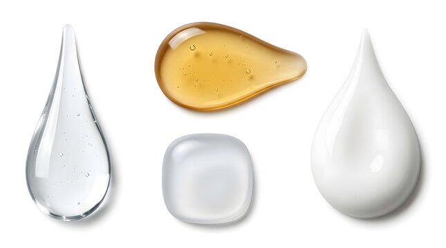 Several cosmetic gel and cream textures including clear, amber, and white drops on white background