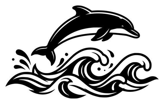 Dolphin jumping over waves set with simple line art design featuring outline, illustration, graphic elements with clean design and vector art