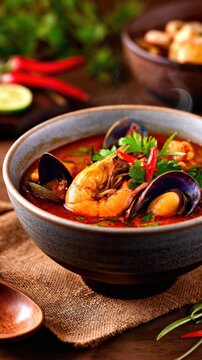 A vibrant bowl of seafood soup garnished with herbs, seafood, and red chilies on a rustic table