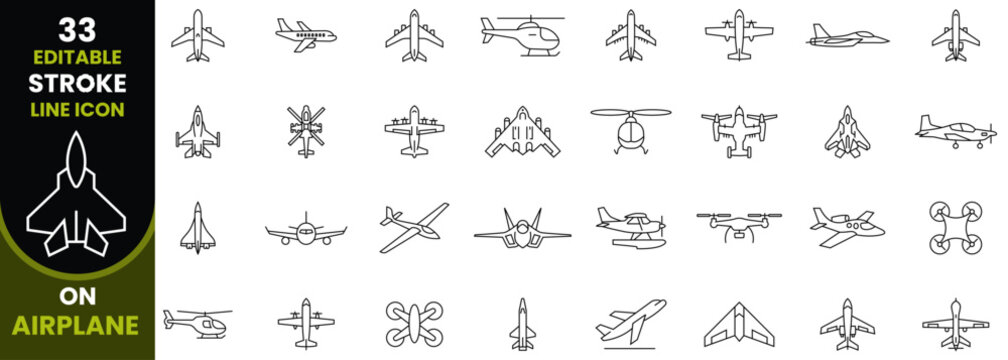 Airplane line art vector icon collection. Editable stroke Aero plane symbol in different style for aviation.