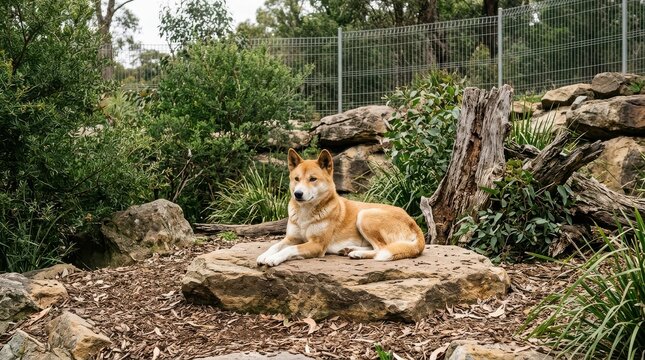 Majestic Australian Dingo Resting on a Large Stone in a Natural Wildlife Sanctuary Enclosure