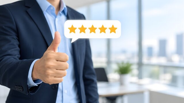 Exceptional customer satisfaction a business professional displays a five star rating representing positive feedback and high quality service delivery ensuring client loyalty