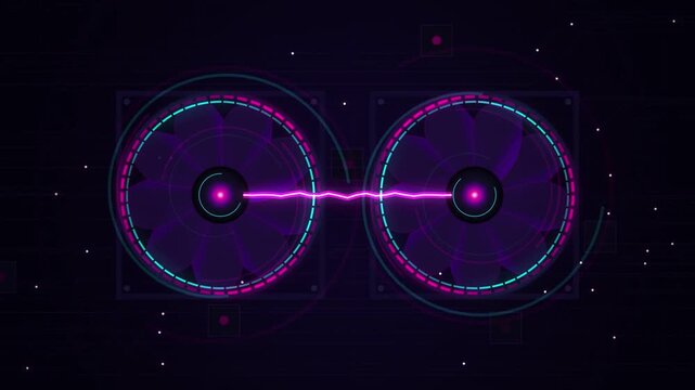 Futuristic dual computer cooling fans with neon purple led lights and electric arc background