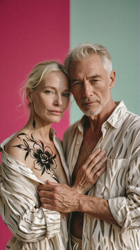 Couple poses closely together against bicolored walls while a woman displays a large black floral tattoo on her shoulder. Soft natural light illuminates their faces in this studio portrait.