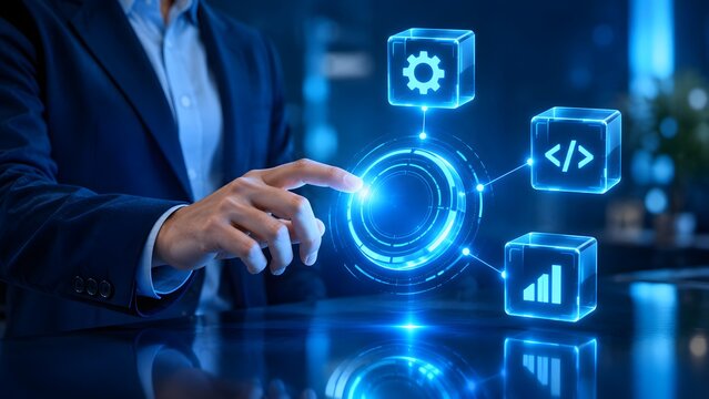 Navigating the future of innovation a business professional interacting with cutting edge digital technologies and data driven solutions for growth