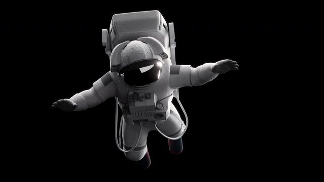 Astronaut floating in weightlessness outer space suit on black background 3d rendering animation