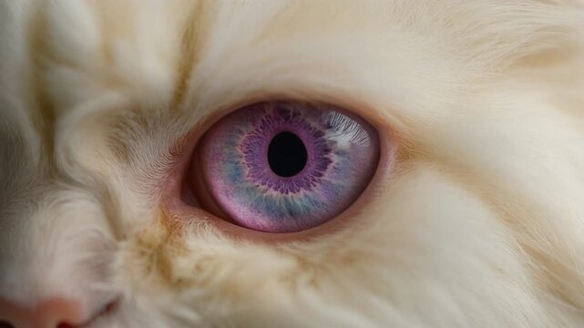 Extreme macro photorealistic footage of a cute Persian cat's eye, mesmerizing violet-purple iris
