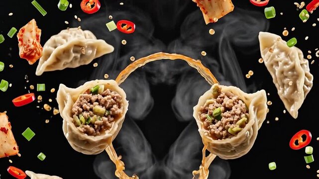 Flying dumplings with kimchi chili peppers and green onions in a dynamic food splash