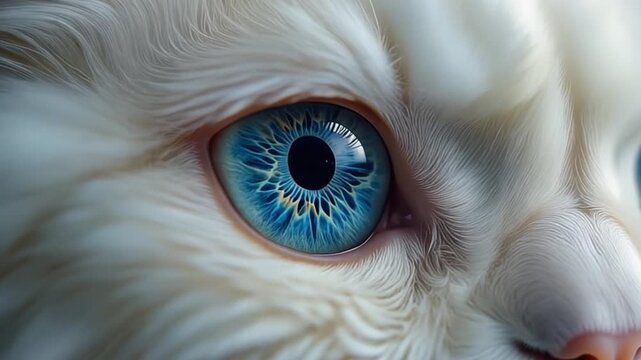 Extreme macro photorealistic footage of a cute Persian cat's eye, crystal-clear sapphire-blue iris
