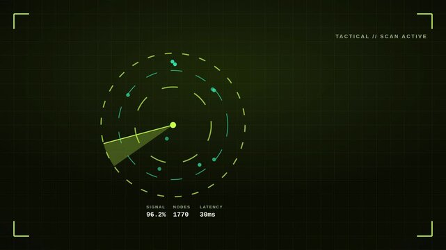 4K lime HUD with glowing radar rings and scan line on dark, minimal sci-fi interface motion background