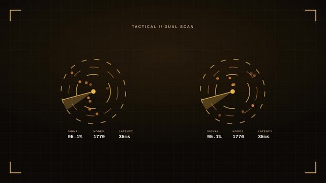 4K golden HUD with luxury dual radar scopes and readouts, premium sci-fi interface motion backdrop