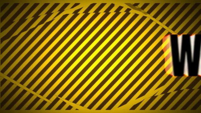 Tracking shot of warning text sliding into center across yellow and black diagonal striped hazard background with subtle shadow vignette
