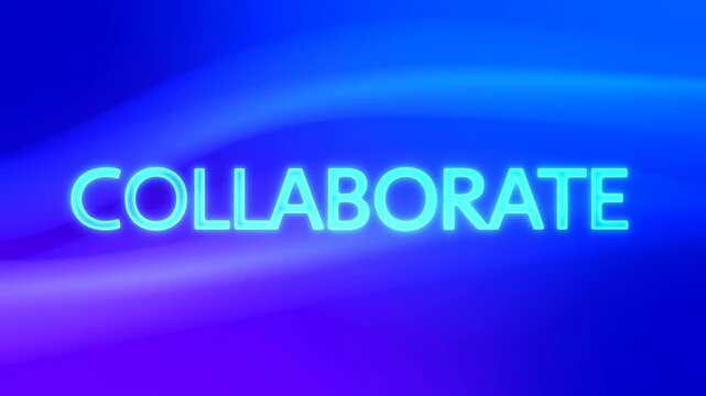 Tracking shot of collaborate neon text fading in and pulsing brighter over abstract blue purple gradient background in digital studio layout