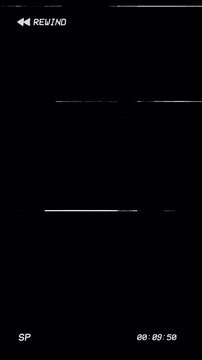Old tape VHS rewind icon with Analog Timecode and glitch screen on alpha channel. camcorder overlay. 4K Resolution