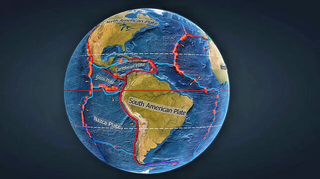 Tectonic plate boundaries showing divergent, convergent, and transform movements of Earth&rsquo;s crust.