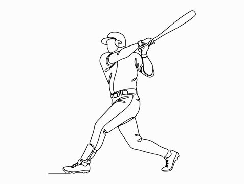 Continuous single line of a baseball player swinging a bat, athletic figure in action pose, isolated on a white background