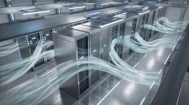 Data center server room with cooling airflow visualization