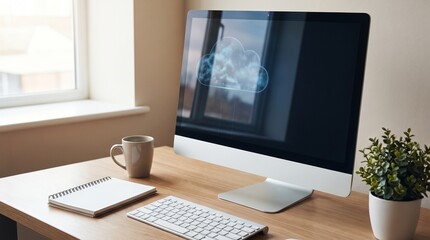 Fototapeta premium Modern office desk with computer showing cloud computing icon